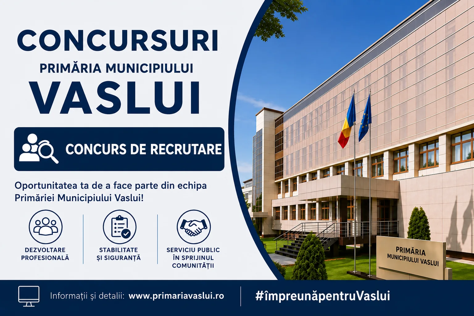Primăria Vaslui anunță un concurs pentru personal contractual, pe perioadă nedeterminată