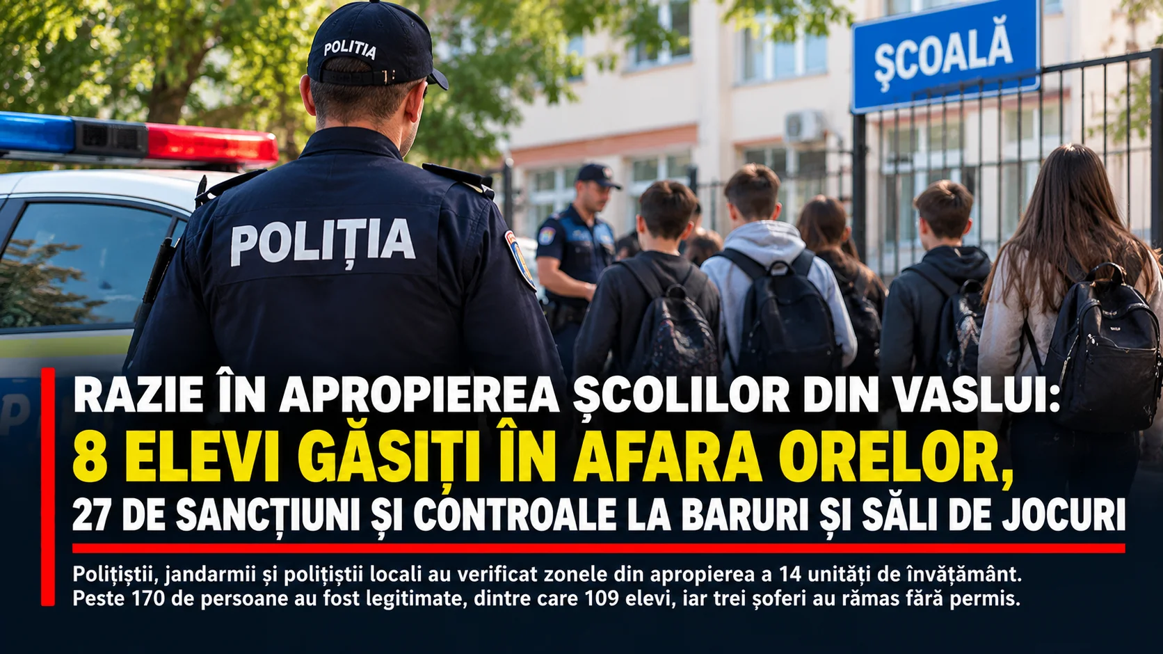 Razie în apropierea școlilor din Vaslui: 8 elevi găsiți în afara orelor, 27 de sancțiuni și controale la baruri și săli de jocuri