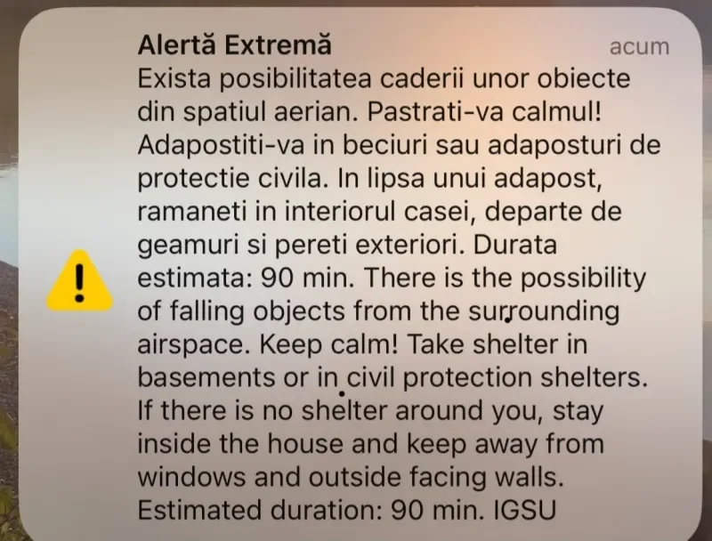 Alertă extremă prin Ro-Alert: posibilitatea căderii unor obiecte din spațiul aerian